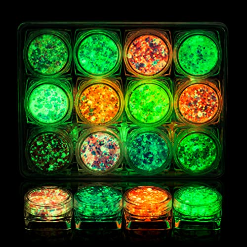 Glow in The Dark Body Face Glitter Gel for Women, 12 Colors Glitter Gel Makeup Chunky Fine Glitter, UV Black Light Glitter for Body/Face/Hair/Eyeshadow, Glitter for Carnival Party(Not Loose Glitter)