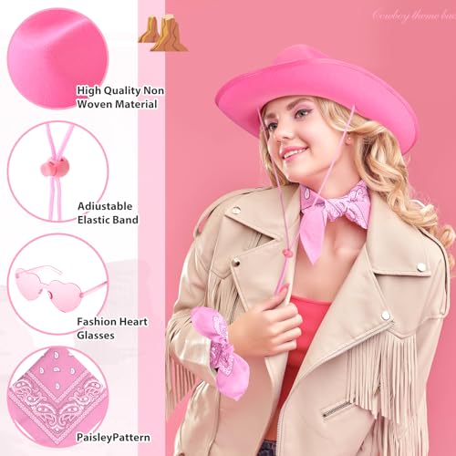 Image of Coume 6 Sets Cowboy Hat with Heart Sunglasses and Paisley Bandanas Western Cowgirl Hat for Cosplay Costume Adults(Pink)