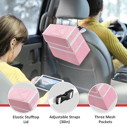 Image of Healsmart 2 Gallon Car Trash Can Lid and Storage Pockets, Leak-Proof Collapsible and Portable Organizer, Multipurpose Garbage Bin with Adjustable Straps, Pink