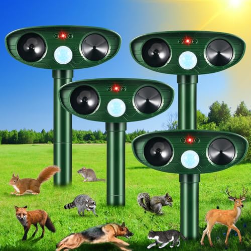 2026 Upgraded Solar Ultrasonic Animal Repellent Outdoor Cat Deer Repellent Devices with Motion Sensor,IP65 Waterproof Repeller Keep Opossum Skunk Rodent Squirrel Raccoon Out of Yard Farm,4 Pack