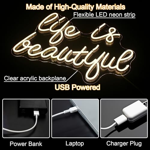 Image of Horseneon Life is Beautiful Neon Signs for Wall Decor, Letter Neon Lights for Bedroom, Led Sign with USB Powered for Livingroom, Wall Hanging Decor, Windows (Warm White)