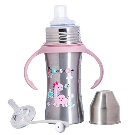 Adore Twilight 2 Stage Stainless Steel Spout and Weighted Straw Sipper with Twin Handle - Spill Proof Spout Sippy Cup with Ergonomic Design for Toddlers - 250ml (Girl Dino)