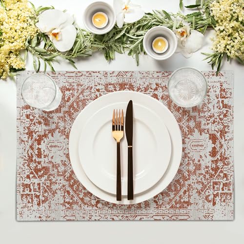 Image of Gray Burnt Orange Boho Placemats Set of 6 Ethnic Bohemian Carpet Place Mats Washable Kitchen Dining Vintage Grey Geography Floral Linen Table Mats Stain Heat-Resistant for Home Party Indoor 12x18 in