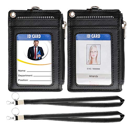 Image of 2 Pack ID Badge Holder with Lanyard,2 Sided 5 Card Slots ID Card Holder Wallet with PU Leather Zipper Pocket and Detachable Keychain Lanyard for Teens Men Women(Black)