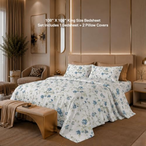 Image of Jaipur Weaves Cotton Linen Feel King Size Bedsheet 108x108 Super King, 100% Pure Cotton Bed Sheet with 2 Pillow Covers, 300 TC Soft Breathable Floral Design Bedding -(Vintage Blue, Super King)