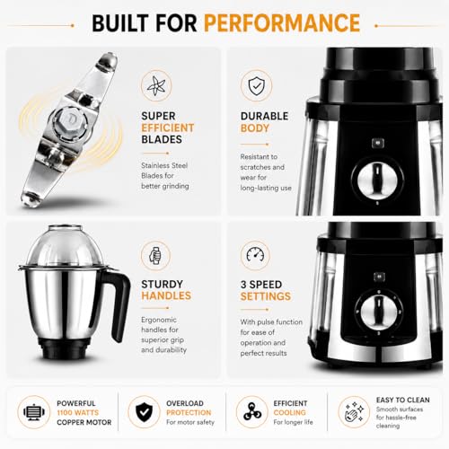 Image of Jaipan Sonet 1100W Mixer Grinder with 3 Stainless Steel Jars | Powerful Copper Motor | Heavy Duty Grinding, Mixing & Blending | Wet & Dry Grinding | Durable ABS Body | Black & Silver