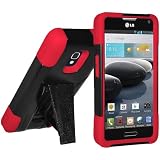 Amzer Double Layer Hybrid Case Cover with Kickstand for LG Optimus F6 D500, LG Optimus F6 MS500 - Retail Packaging - Black/Red