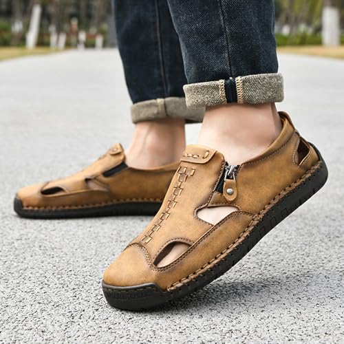 Men's Closed-Toe Leather Fisherman Sandals Slip-On | Breathable Comfortable Casual Moccasin Loafers for Summer Outdoor Driving & Walking | Side Zipper Hand-Sewn4