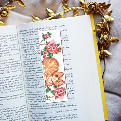 Image of FREEBLOSS 6 Set Cat Cross Stitch Bookmark Kits Rose Pattern Stamped Cross Stitch Kit DIY Embroidery Kit Bookmark Craft Kit with Instructions for Beginners 6x20cm
