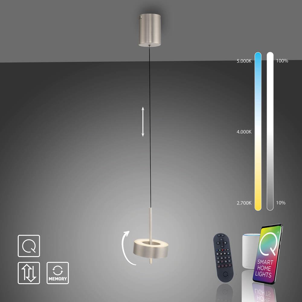Paul Neuhaus LED Pendelleuchte Smart Home, Aluminium, 1-flammig | dimmbar, höhenverstellbar Comfort Lift, Kopf schwenkbar, CCT warmweiß – kaltweiß, Fernbedienung