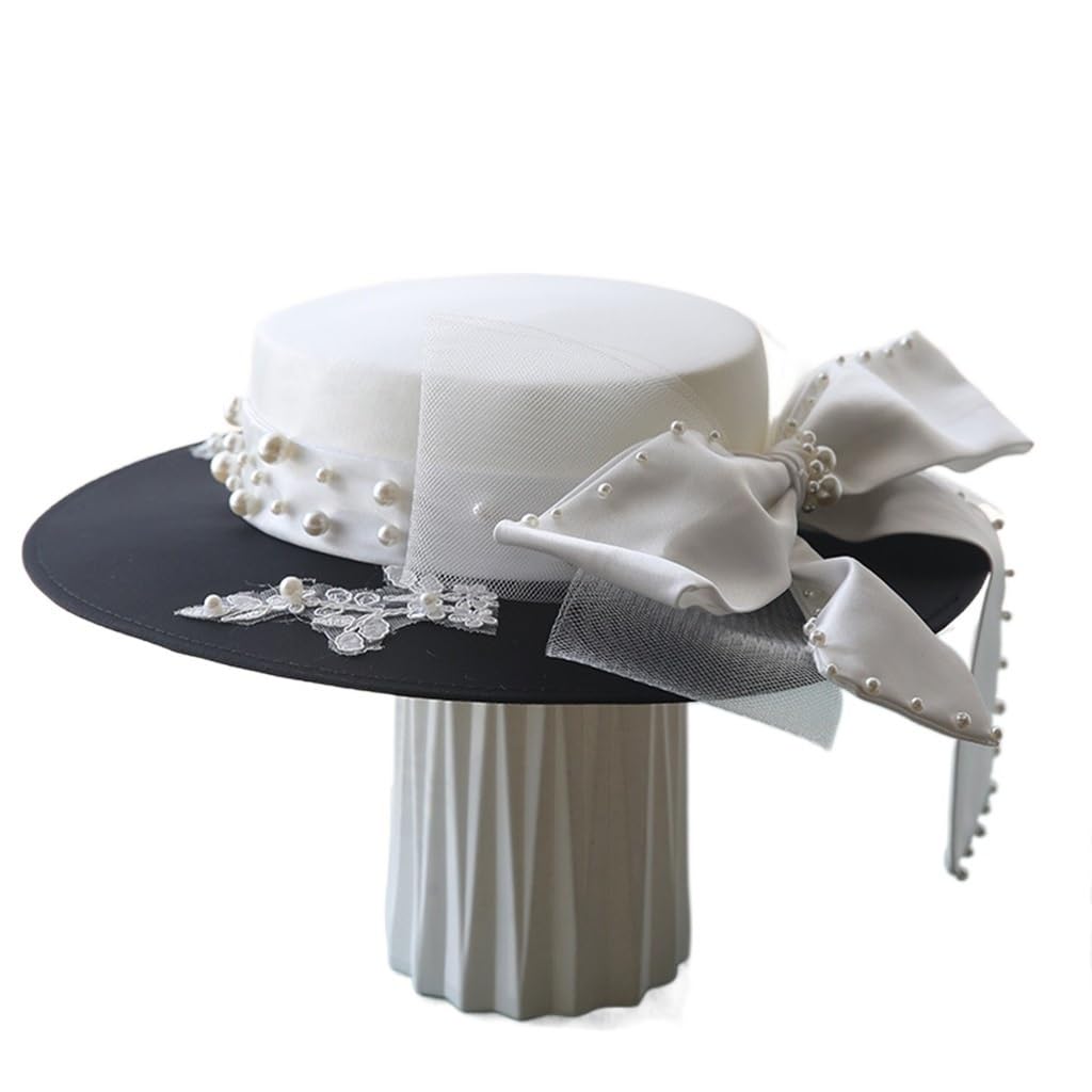 Chapeau haut en satin patchwork noir et blanc avec nœud papillon en diamant