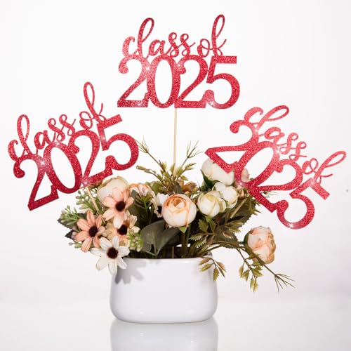 MixTeach 20 Pack Class of 2025 Graduation Centerpieces for Tables 2025 Glitter Graduation Centerpieces Sticks Graduation Party Table Topper for 2025 Graduation Table Party Decorations Supplies, Red