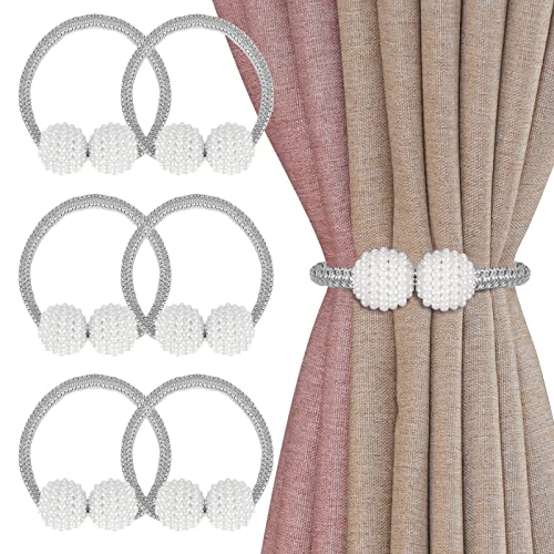 Senbaler 6 Piezas Alzapaños Magnéticos Cortinas,Sujeta Cortinas Decorativos,Perlas Hebillas Cuerda (Gray)
