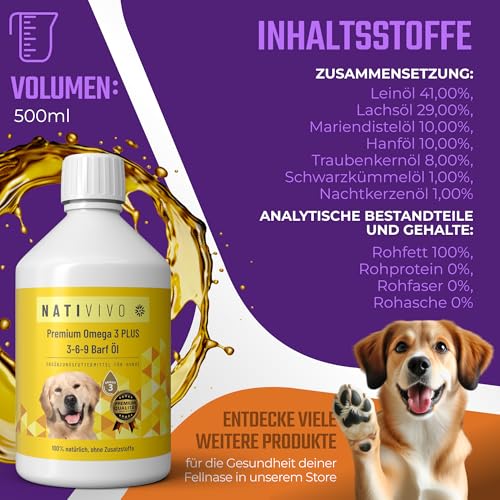 NatiVivo Premium Omega 3-6-9 Hunde Barföl 500ml Omega 3 Boost Fischöl mit Hanfsamenöl 100% natürlich Hochwertige Ergänzung für Barf & Trockenfutter Made in Germany