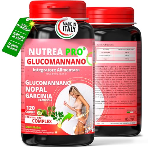 Glucomannano forte dimagrante 4200mg di attivi. Formula Inibitore della fame/brucia grassi potenti veloci con Garcinia Cambogia. NUTREA PRO® dimagrante forte veloce donna, Integratori per dimagrire