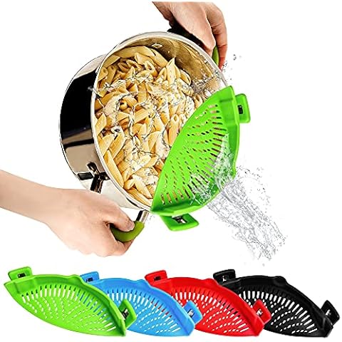 Milkary 4 Pieces Kitchen Strain Strainer, Clip-On Silicone Food Strainer, Heat Resistant Colander Spout for Pasta Vegetable Noodles Pots Bowl Pans (Red, Green, Blue, Black) Cover