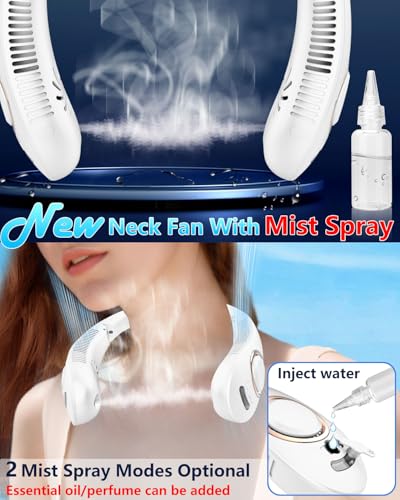 Image of Neck Fan that Blow Cold Air with Mist Spray, USB-C Rechargeable with LED Display, Portable Folding Bladeless Mister Cooling Device, Personal Headphones Fan for Women Men Kids Outdoor (Bright white)