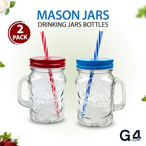 Pack of 2 Mason Jars with Handles, 500 ml Durable Drinking Glasses with Lids, Straws – Perfect for Cold Beverages Including Juices and Smoothies – Ergonomic and Comes in Attractive Hues and Designs - Image 3