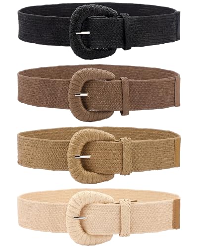 Image of WILLBOND 4 Pcs Women's Elastic Raffia Woven Belt, Boho Rattan Buckle Stretch Straw Wide Waist Belt for Dresses Jeans Pants