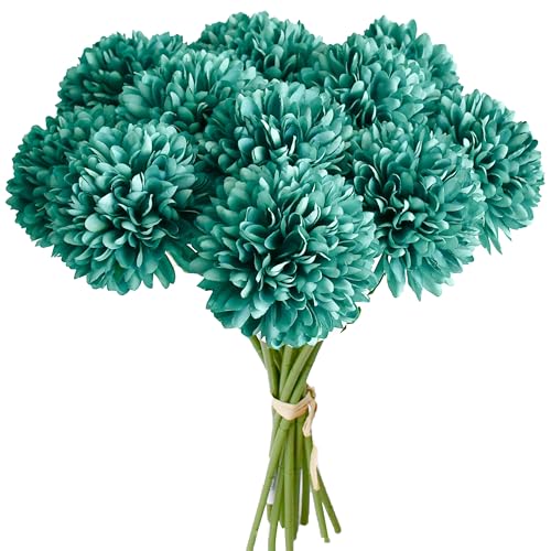 Image of Mandy's 12pcs Artificial Teal Ball Chrysanthemum Flowers