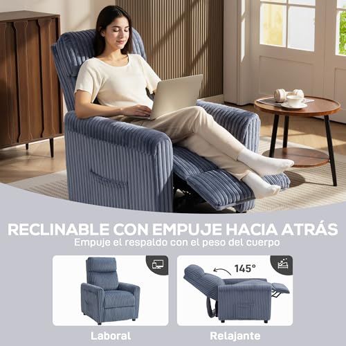 Miniatura 4 de Homcom Sillón Relax Reclinable, Sillón Reclinable Manual, Tapizado En Pana, Instalación Rápida, Reposapiés, Acolchado Grueso, Para Salón, Dormitorio, Oficina, Azul Oscuro