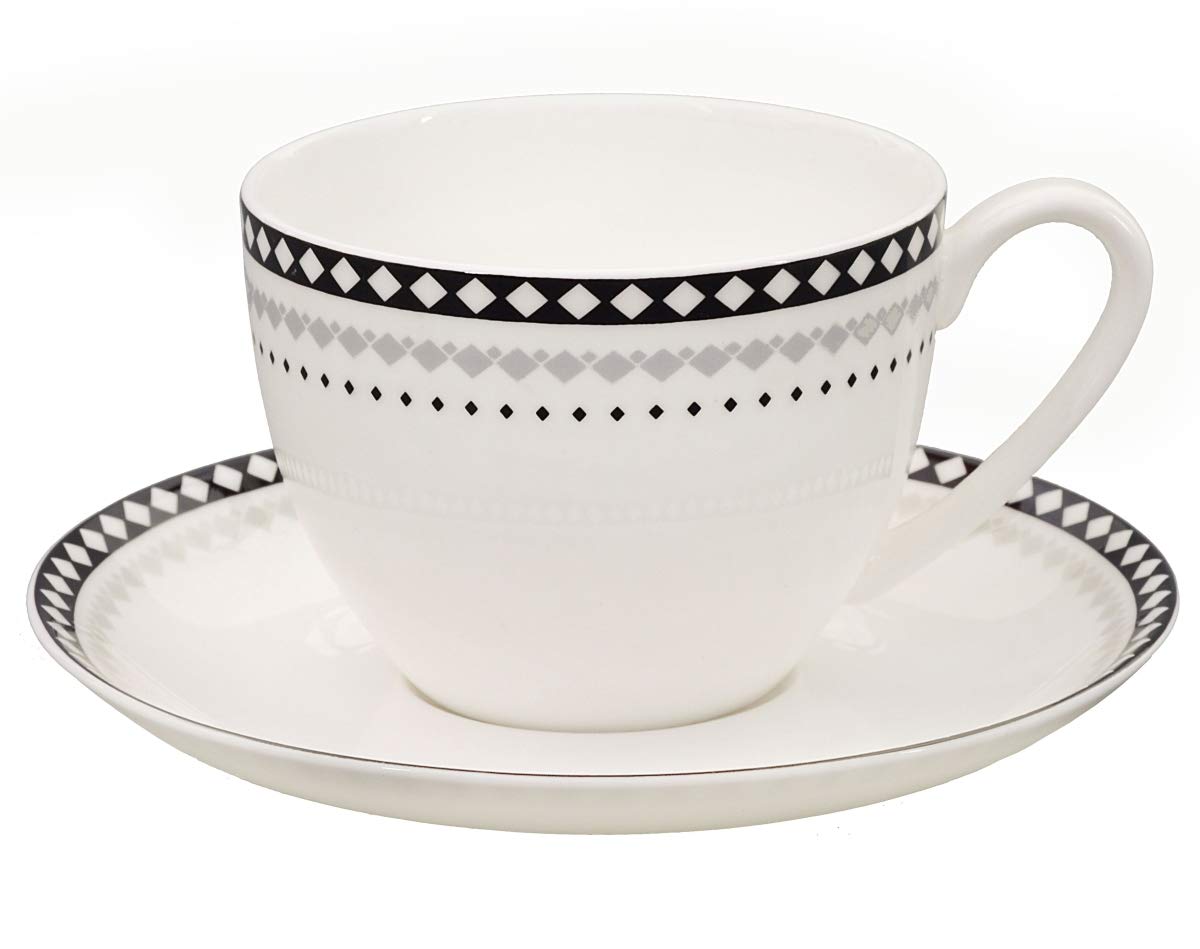 Kaffeeservice aus Fine Bone China Porzellan. Tee- / Kaffeekanne 1,5l mit stilvollem Rautendekor, 2 Kaffeetassen und 2 Unterteller.