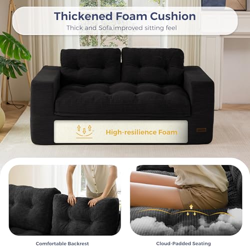 Image of MAXYOYO 63 inch Loveseat Sofa Couch for Small Spaces, Upholstered Boneless Cloud Couch for Apartment Bedroom, 2-Seater Love Seat Floor Modern Sofa with Pillows, No Assembly Required, Black