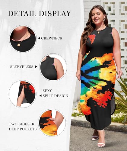 Image of Wolddress Womens 2026 Plus Size Sleeveless Tank Dress Casual Loose Sundress Split Summer Beach Long Maxi Dresses with Pockets