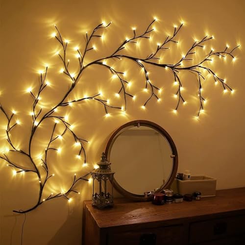 Ciskotu Zweig-Lichterkette für Schlafzimmer, beleuchtete Weidenbaum-Ranken-Lichterkette, mit Strom versorgt, 144 warmweiße LED-Zweige mit Lichtern für Wand, Innenbereich, Schlafzimmer, Wohnzimmer