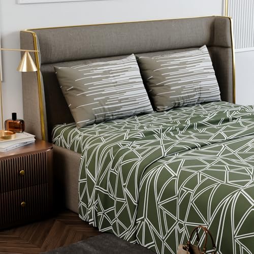 Image of Stoa Paris 100% Cotton Super King Bedsheet with 2 Pillow Covers for King & Double Beds,180TC Printed Bedding Set, Breathable, All-Season Comfort, Lightweight, Urbanscape - Sage Spectrum (274cmx274cm)