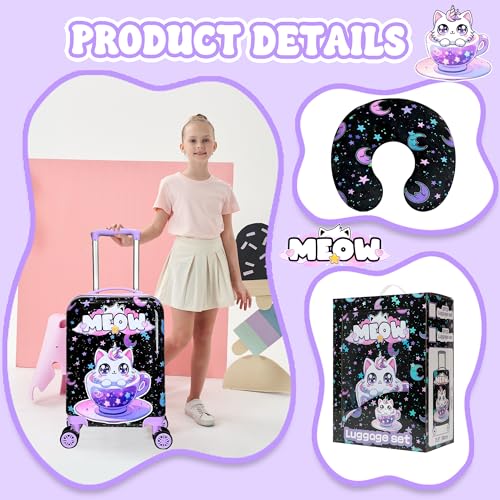 Image of Cute Black Cat Kid's Luggage Set 2 Piece Suitcase Set 16 inch Hardside Luggage with Spinner Wheels Girls Carry on Toddler Travel Rolling Luggage Airline Approved