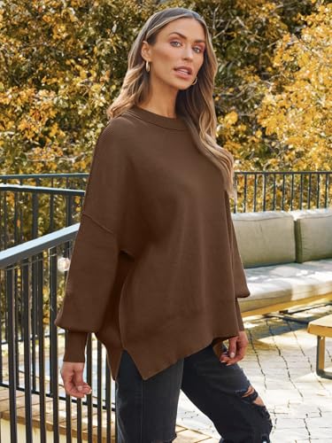 Image of LILLUSORY Women's Oversized Batwing Sweaters 2026 Fall Outfits Trendy Crewneck Knit Side Slit Fashion Pullover Tops