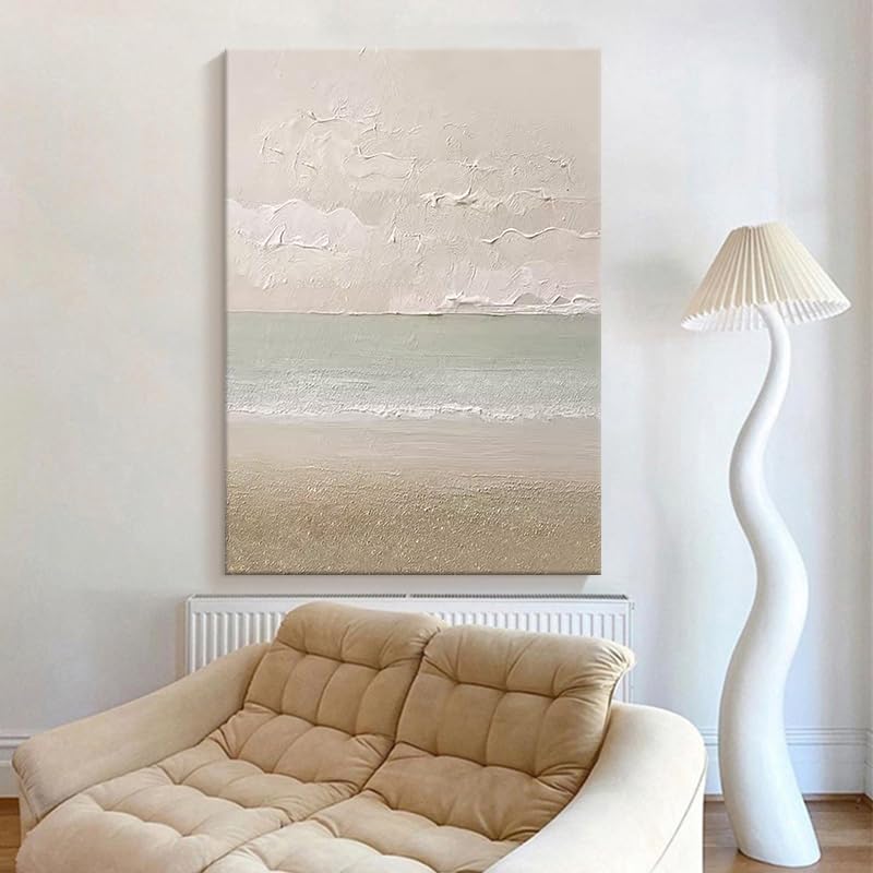 Toile murale moderne beige ciel et mer vagues tableau abstrait - 4