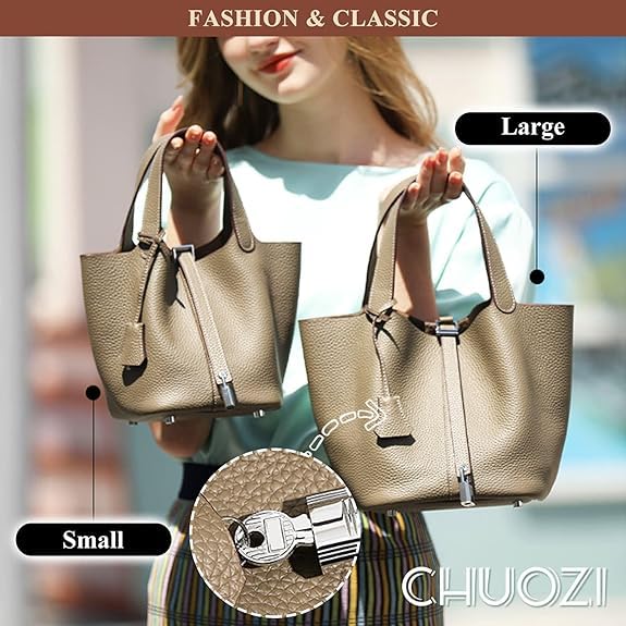 Genuine Leather Bucket Bag for Women, Lock Design Handbags Vegetable Basket, Shoulder Handbag Satchel Purses3