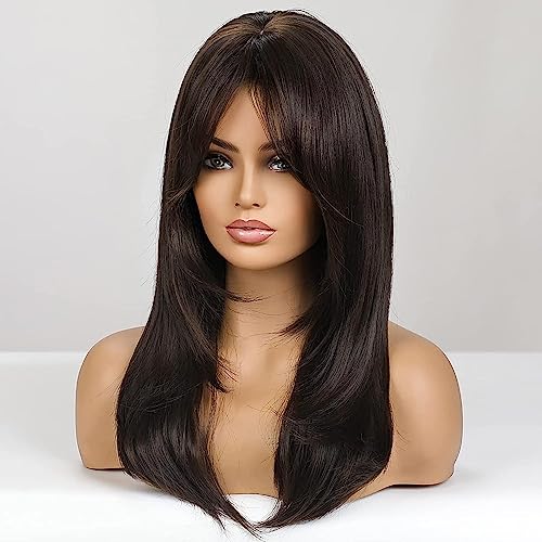 Image of Women's Full Head Wig - Shoulder Straight Length Natural Brown Layered Synthetic Hair Extension for Women and Girls