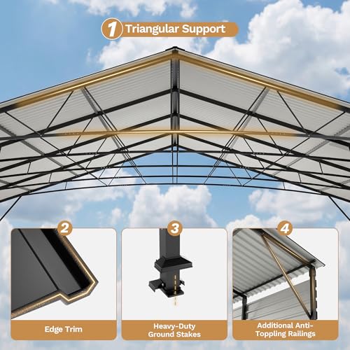 Image of Greesum 20x30FT Heavy Duty Metal Carport with Side Support Rods, Car Port with Vertical Steel Roof for All-Weather Use, Canopy Shelter for Car, Pickup Trucks, Party, Boats, Black