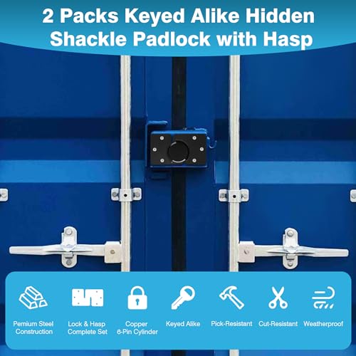Image of IRONWALLS 2 Pack Puck Locks, 2-7 /8' Hidden Shackle Padlocks with Hasp, Solid Steel Latches for Containers, Black Heavy Duty Hidden Shackle Locks for Trucks, Gates