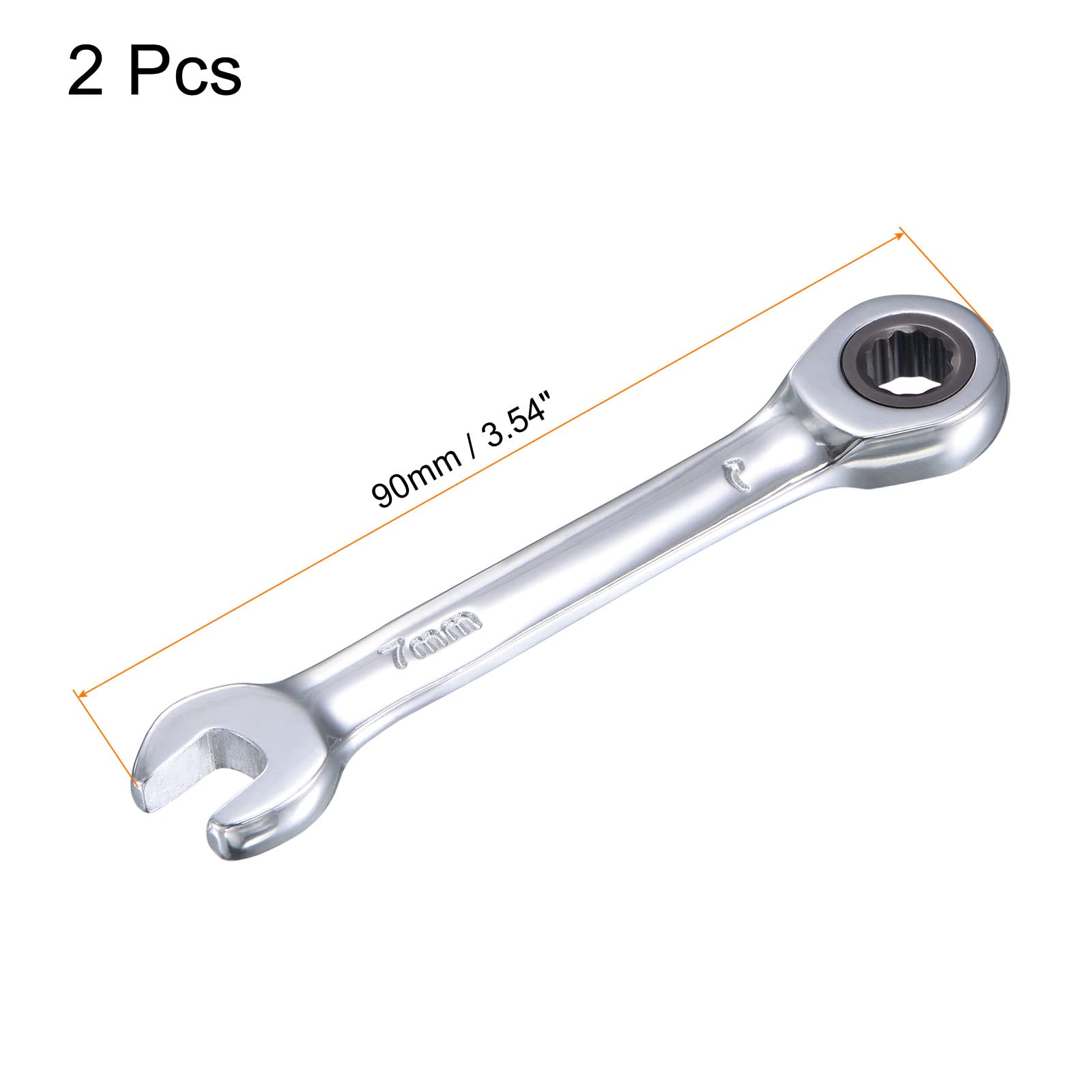 uxcell 7mm Stubby Ratcheting Combination Wrench Metric 72 Teeth 12 Point Box Ended Tools, CR-V 2 Pcs