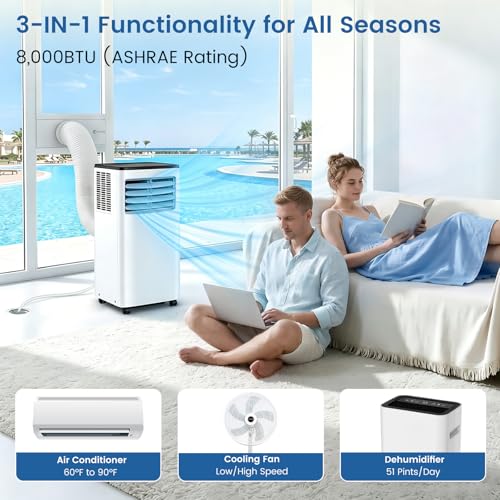 Image of Electactic 8000 BTU Portable AC, 3-in-1 Air Conditioner with Dehumidifier & Cooling Fan, Remote Control, LED Display, Sleep Mode, Quiet, 24H Timer, 360 Casters & Window Kit, for Room Office Apartment