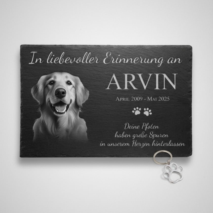 eGenuss Grabplatte für Hunde personalisiert – Würdevolle Schiefer Gedenktafel mit Foto & Wunschtext...