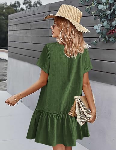 Image of HOTOUCH Women Button Down Dress Loose Summer Cotton Linen Dress Ruffle Hem Casual Dress Short Sleeve Tunic Dress