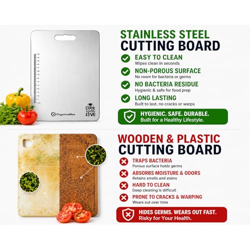 Image of OrganizeMee Stainless Steel Cutting Chopping Board Fruit, Vegetable Kitchen Chopping, Stand Wall Mounted Hanger, (Large /36X25 Cm)