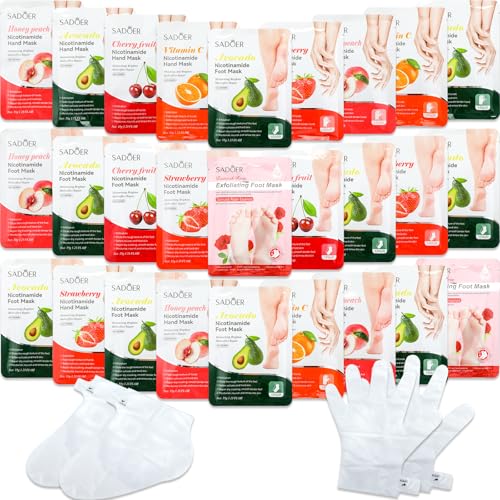 24 Pcs Fruits Beauty Hand Foot Mask Bulk Hydrating Hand Foot Moisturizing Gloves Shea Butter Aloe Mask for Spa Kit Beauty Skincare Galentines Day Gift for Women