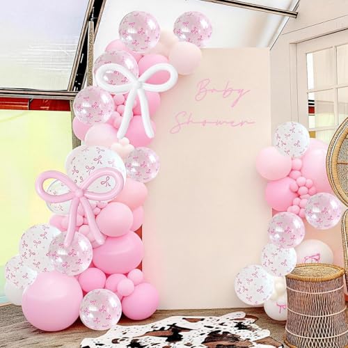 Image of Pink Bow Balloons, 62Pcs Pastel Light Pink Clear White Bow Latex Balloons, 12Inch Transparent Bowknot Print Helium Balloon for Girls Women Princess Coquette Birthday Wedding Bridal Baby Shower Party