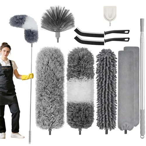 10 Pièces Plumeau Telescopique, Plumeau TéLescopique Lavable, Balai Toile d'Araignée, Brosse d'angle pour Nettoyage, TêTe De Plumeau en Chenille pour...