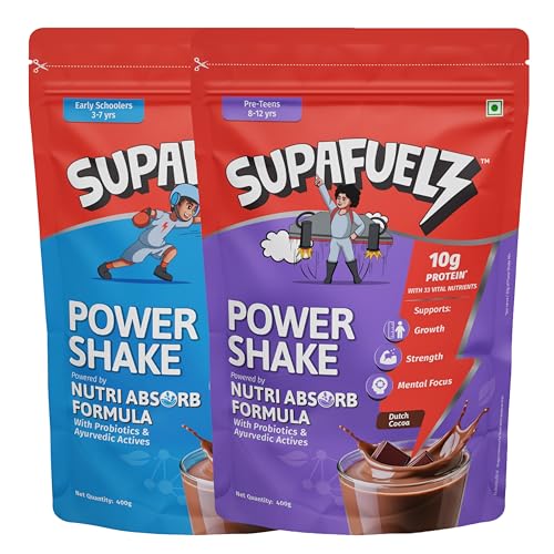 Image of Supafuelz Power Shake 3-7 yrs + 8-12 yrs kids(2 x 400g) | Combo Pack | Height & Strength Drink | High Protein, 33 Nutrients, Probiotics & Ayurvedic Actives | Daily Nutrition Drink supports Height, Strength & Focus | Chocolate 800g | Safe Nutrition Drink For Kids
