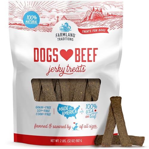 Farmland Traditions Dogs Love Beef Jerky Dog Treats, All Natural, Grain-Free, High Protein Training Treats, 2 Pound Bag