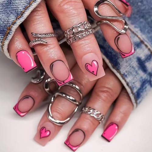 plalely Square Press on Nails Short Nude Fake Nail Anime Pink Heart Acrylic Nail Press ons Stick on Nail for Women 24pcs