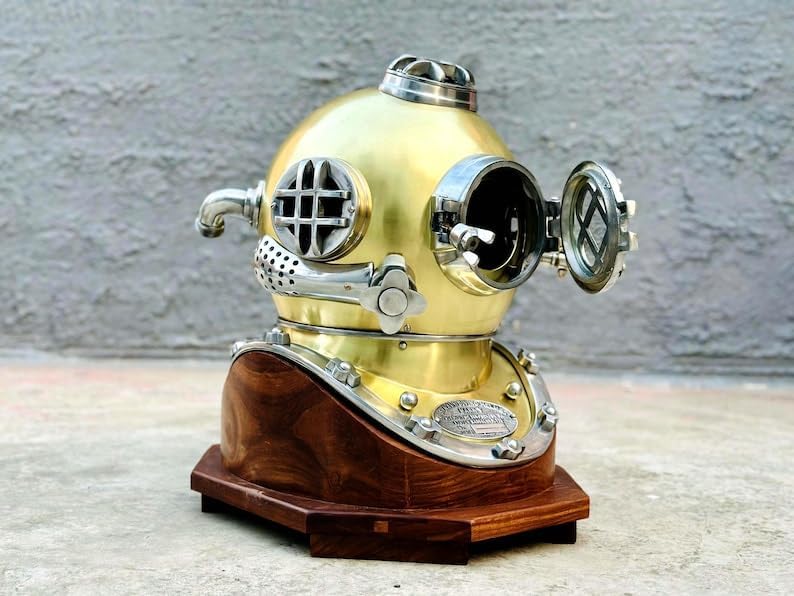 Diving Helmet | Brass Plated Scuba Diving Helmet with Wooden Base | US Navy Mark V Sea Divers Helmet | Nautical Diving Divers Helmet