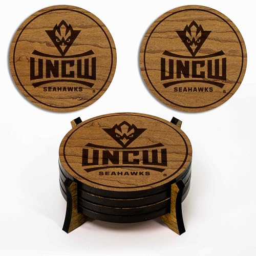 LazerEdge UNC Wilmington Seahawks Wooden Coaster Set - Cherry Wood - Officially Licensed Product - 4-Pack